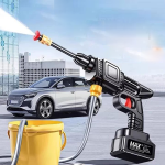 Cordless high-pressure washer with a rechargeable lithium battery, self-priming water intake, and a lightweight, portable design for effortless cleaning.