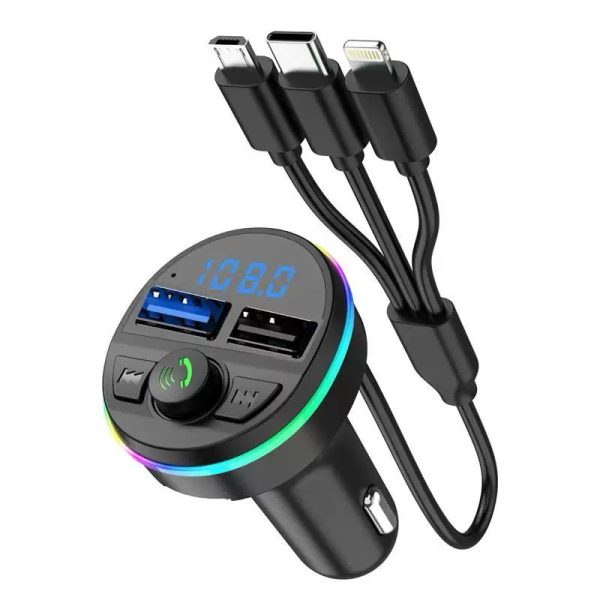 Multifunctional Bluetooth Car FM Transmitter with Dual USB Ports & 3-in-1 Charging Cable – A convenient in-car accessory for hands-free calls, music streaming, and fast charging on the go.