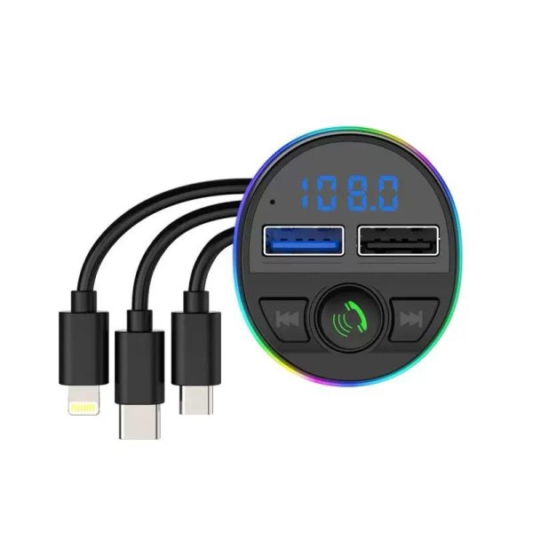 Multifunctional Bluetooth Car FM Transmitter with Dual USB Ports & 3-in-1 Charging Cable